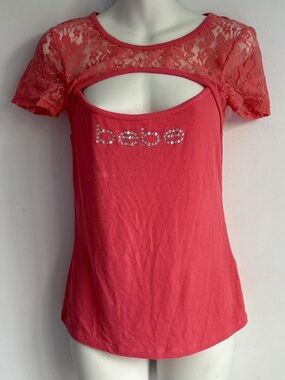 bebe Y2K rhinestone logo lace top